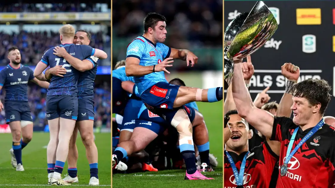 Split image of Leinster's James Lowe, Bulls' Zak Burger and the 2023 Super Rugby winning Crusaders.