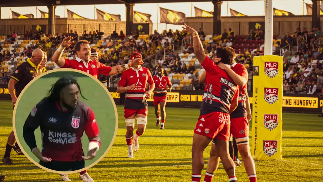 New England Free Jacks' Malakai Hala-Ngatai celebrates (photo Brendan Buckley) and a screenshot of Ma'a Nonu.