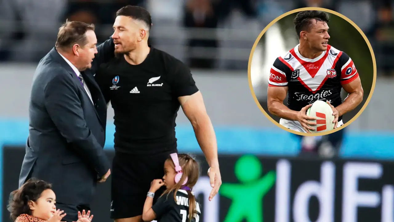 All Blacks greats Sir Steve Hansen and Sonny Bill Williams alongside NRL star Joey Manu.