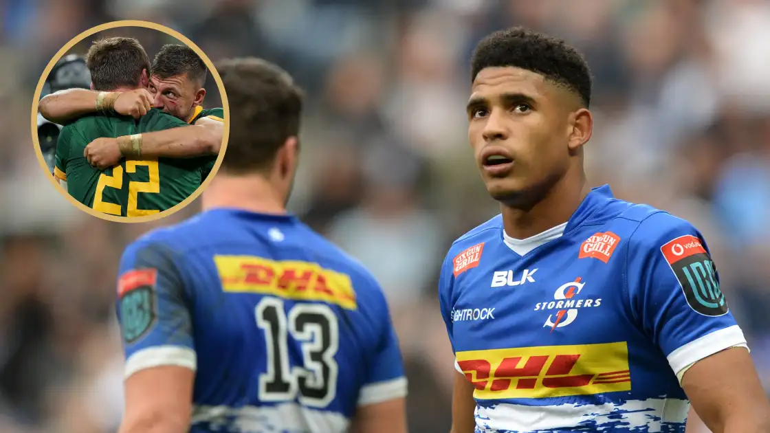 Stormers star Sacha Feinberg-Mngomezulu and Springboks fly-half Handre Pollard.