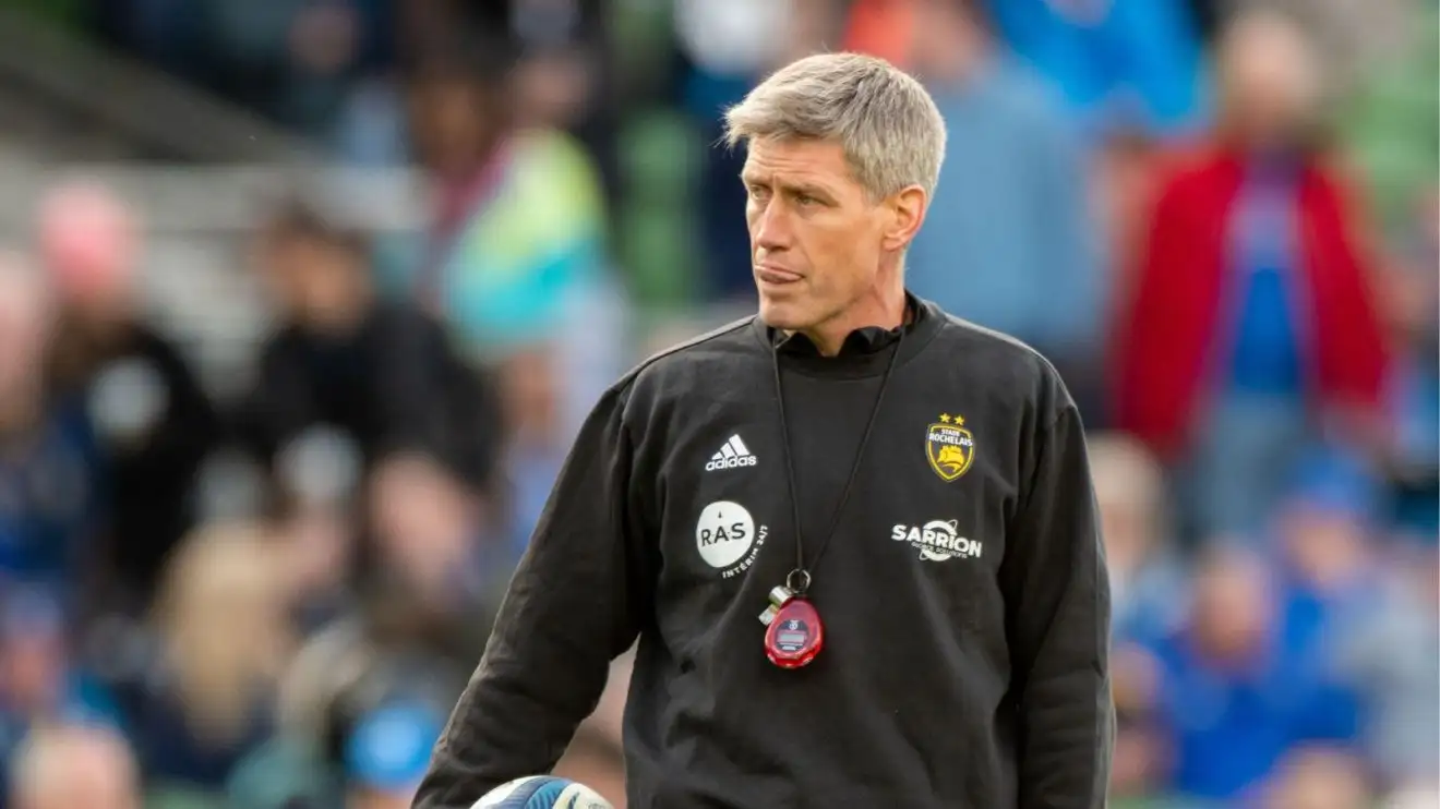 La Rochelle Head Coach Ronan O'Gara with the ball during the Investec Champions Cup, Quarter-final match between Leinster Rugby and Stade Rochelais at Aviva Stadium in Dublin