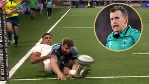 Ulster forward Cormac Izuchukwu and Cardiff's Thomas Young and ex-referee Nigel Owens.