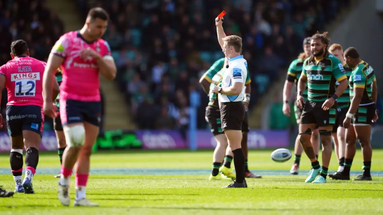 Solomone Kata sent off for Leicester Tigers against Northampton Saints in the Premiership in 2024.