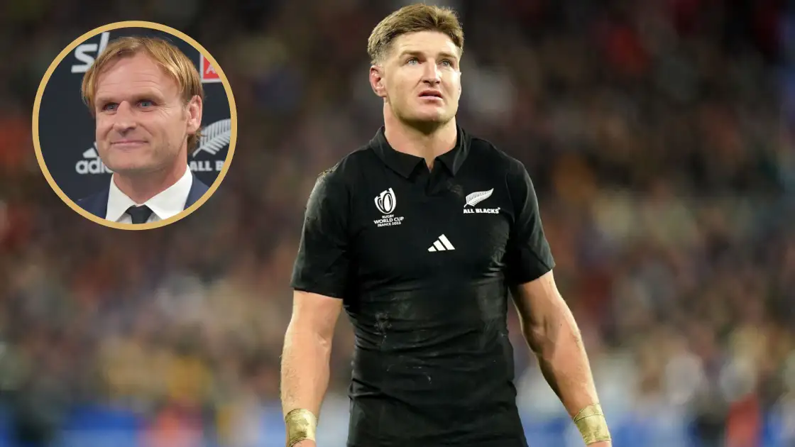Jordie Barrett alongside All Blacks head coach Scott Robertson.