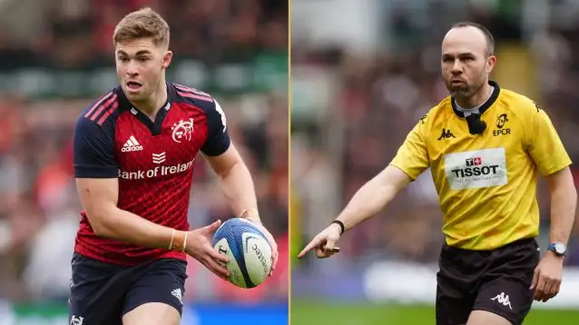 Munster fly-half Jack Crowley and referee Mike Adamson in the United Rugby Championship.
