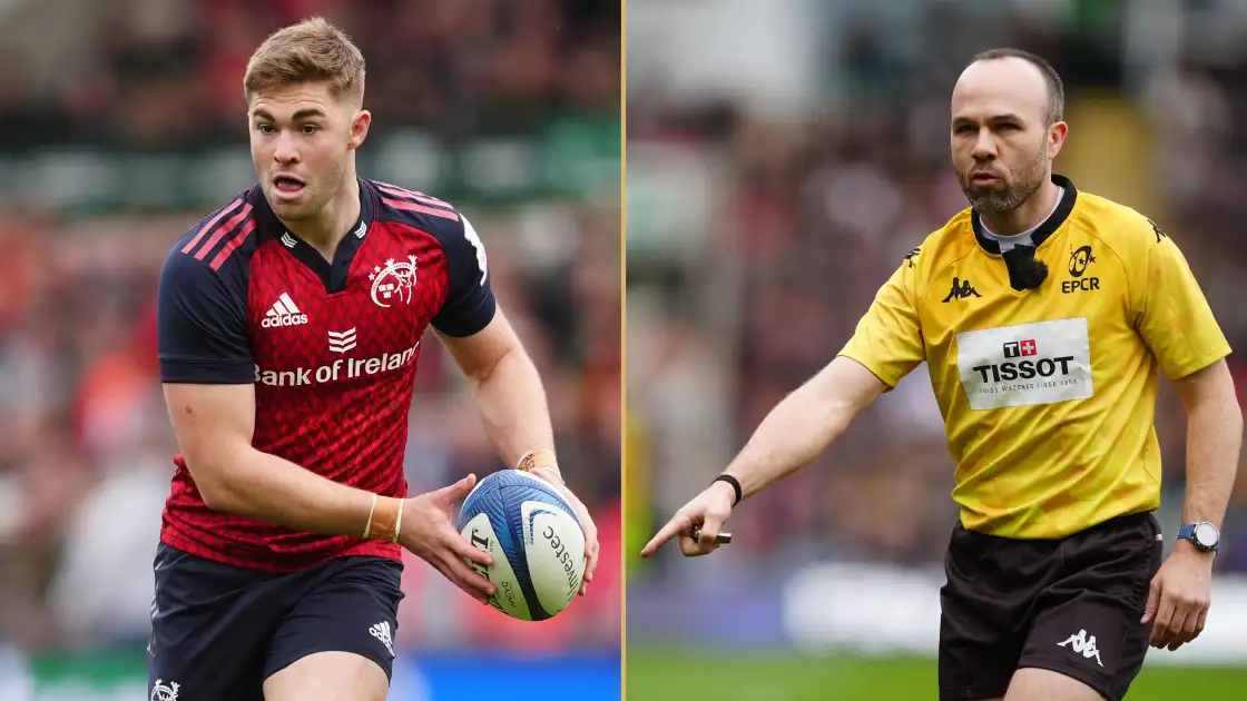 Munster fly-half Jack Crowley and referee Mike Adamson in the United Rugby Championship.