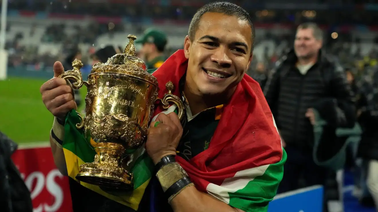 Chesllin Kolbe celebrating Springboks' 2023 Rugby World Cup win.