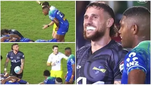 WATCH: Trademark TJ Perenara reaction after chirpy Fijian Drua half-back baffles referee with confusing scrum call