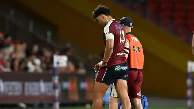 Reds star Jordan Petaia leaves the field injured.