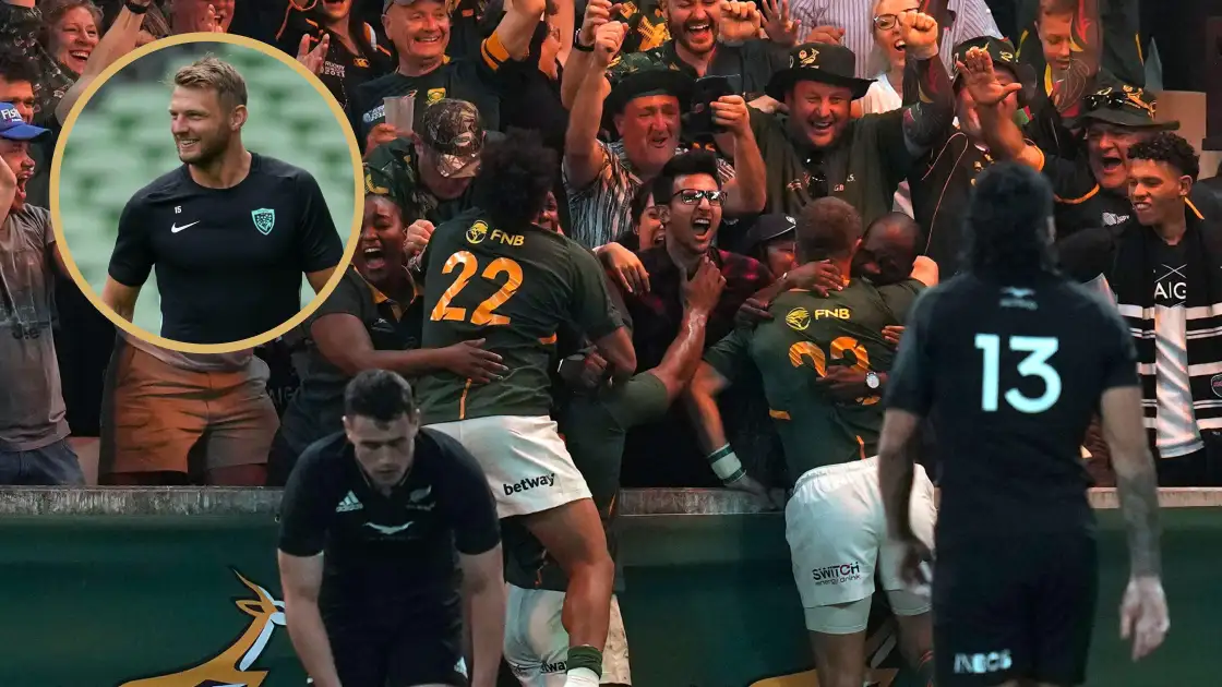 Former Wales fly-half Dan Biggar and Springboks fullback Willie Le Roux celebrating.