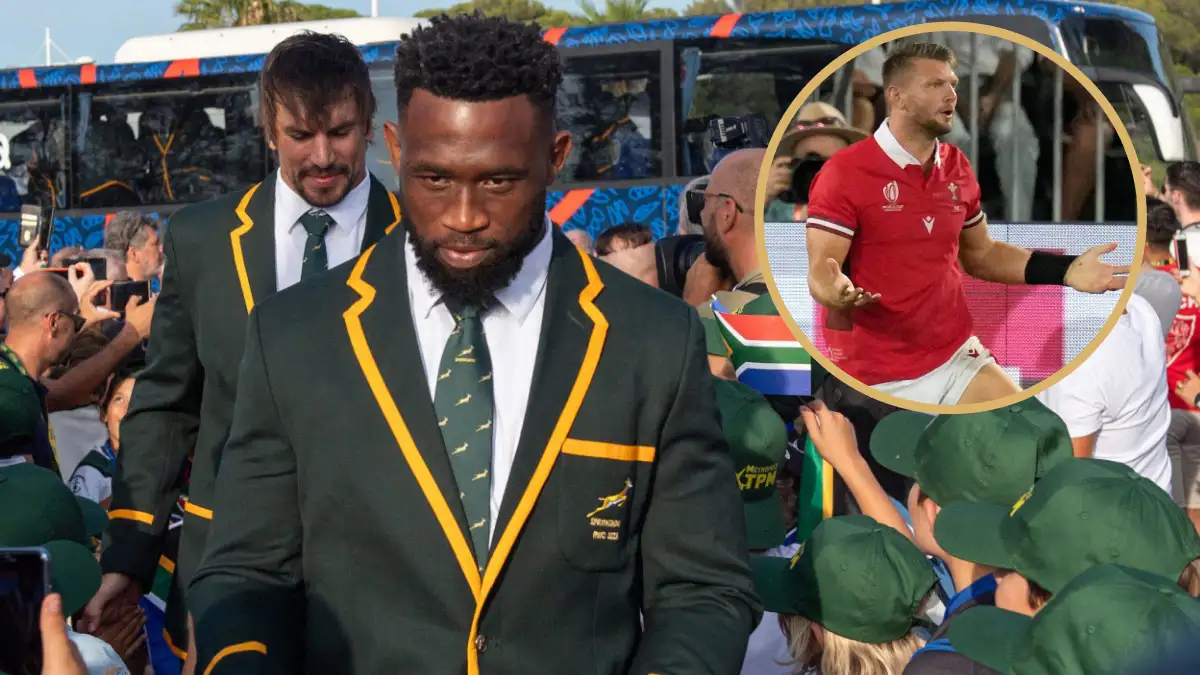 Springboks duo Siya Kolisi and Eben Etzebeth alongside Wales great Dan Biggar.