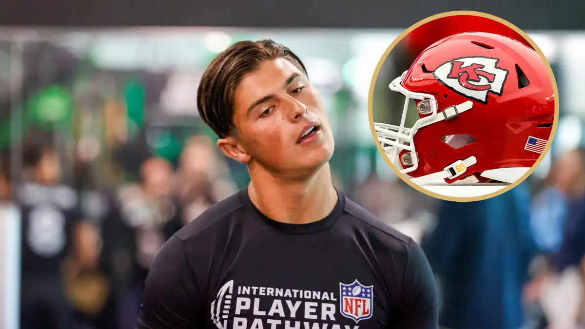 Louis Rees-Zammit and the Kansas City Chiefs logo is seen on a helmet during an NFL football game.