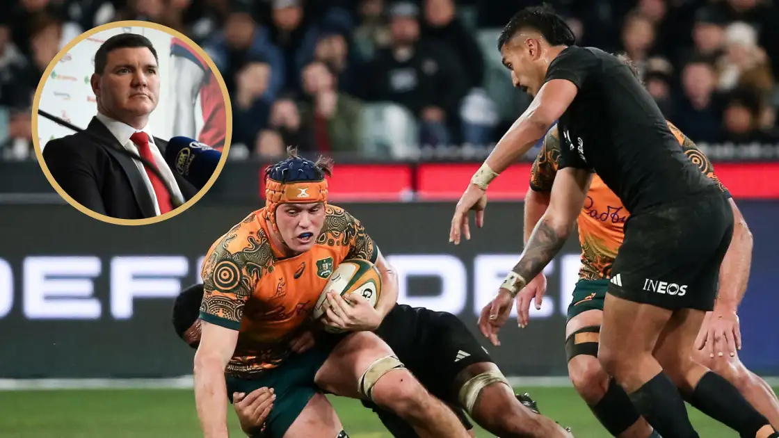 Wallabies taking on the All Blacks in the Bledisloe Cup, alongside Rugby Australia chairman Daniel Herbert.