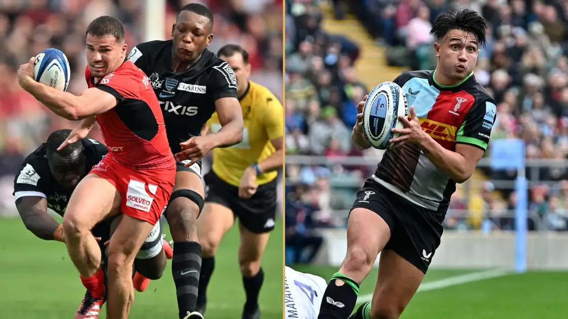 Toulouse captain Antoine Dupont and Harelquins fly-half Marcus Smith in action during the Champions Cup.