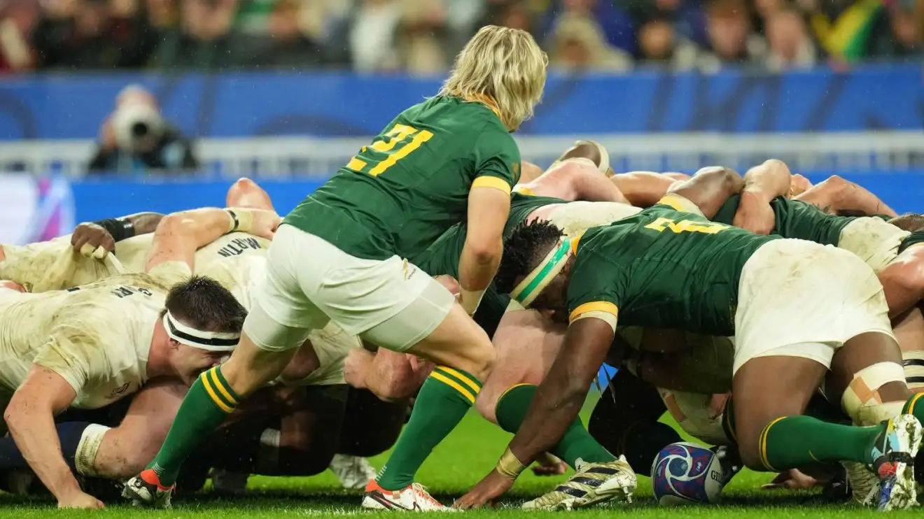 South Africa's Faf de Klerk puts the ball into a scrum during the 2023 Rugby World Cup Semi-finals match between England and South Africa