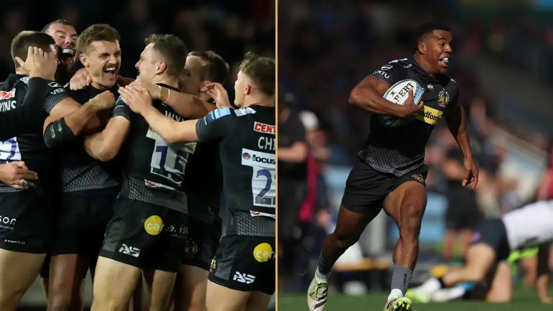 Exeter Chiefs stars Henry Slade and Immanuel Feyi-Waboso in action during the Premiership.