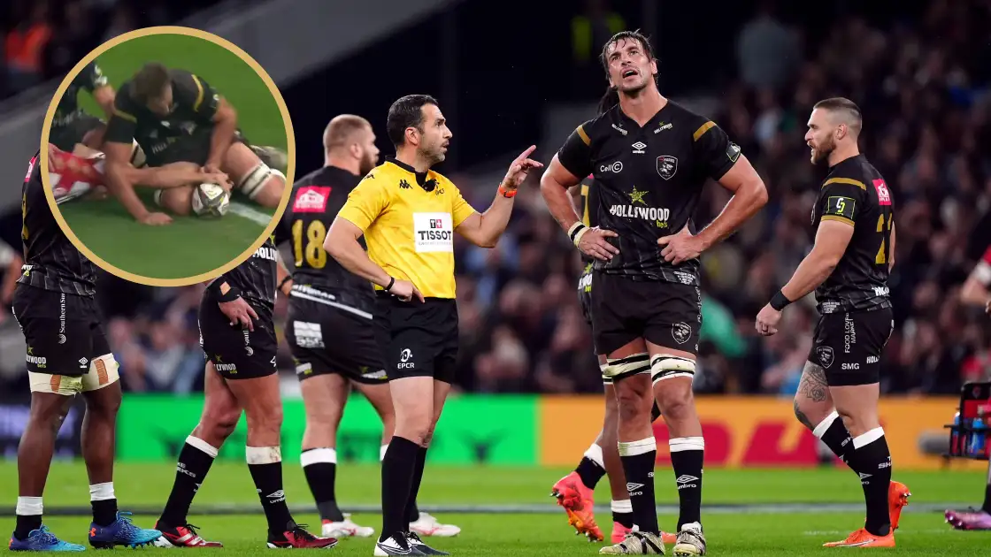 Referee Mathieu Raynal speaks to Sharks' Eben Etzebeth and a snippet of his try-saving intervention.