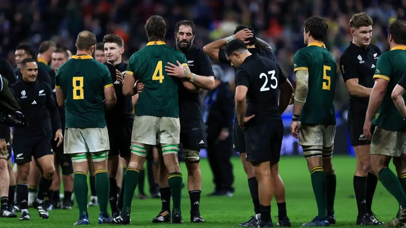 Springboks and All Blacks players after the 2023 Rugby World Cup final.
