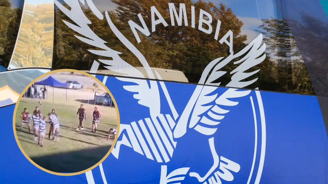 Nambia Rugby logo and a snippet of a player tackling a referee.
