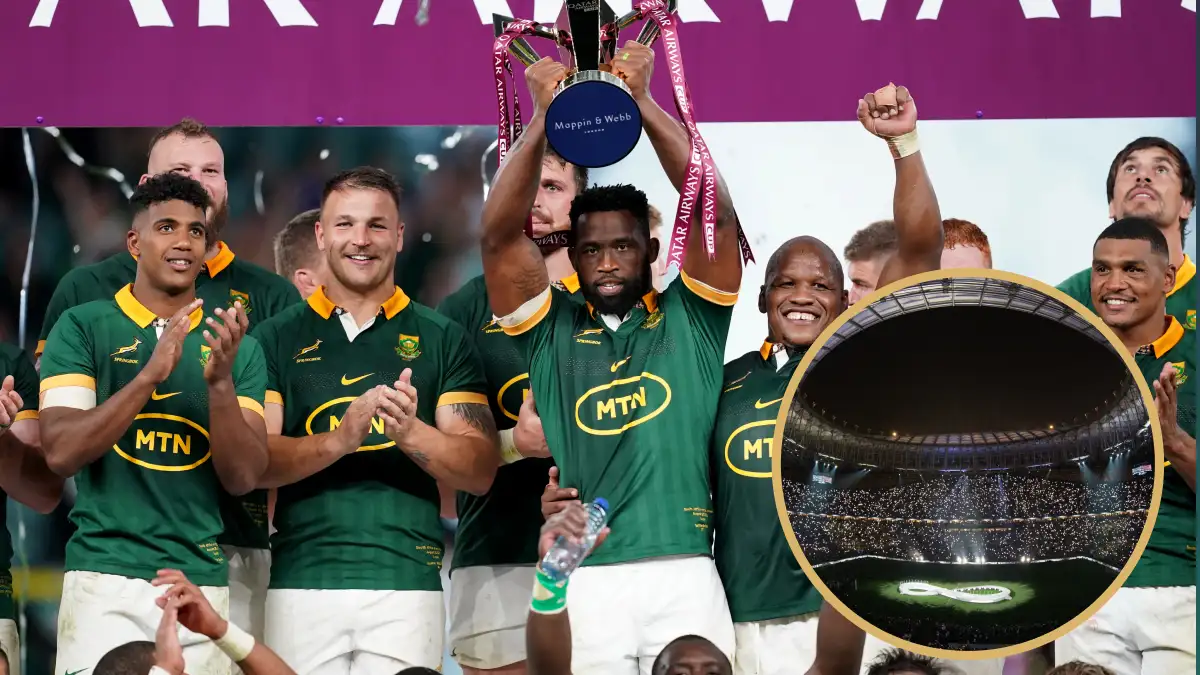 South Africa's Siya Kolisi lifts the Qatar Airways Cup and a general view of Al Lusail Stadium in Doha