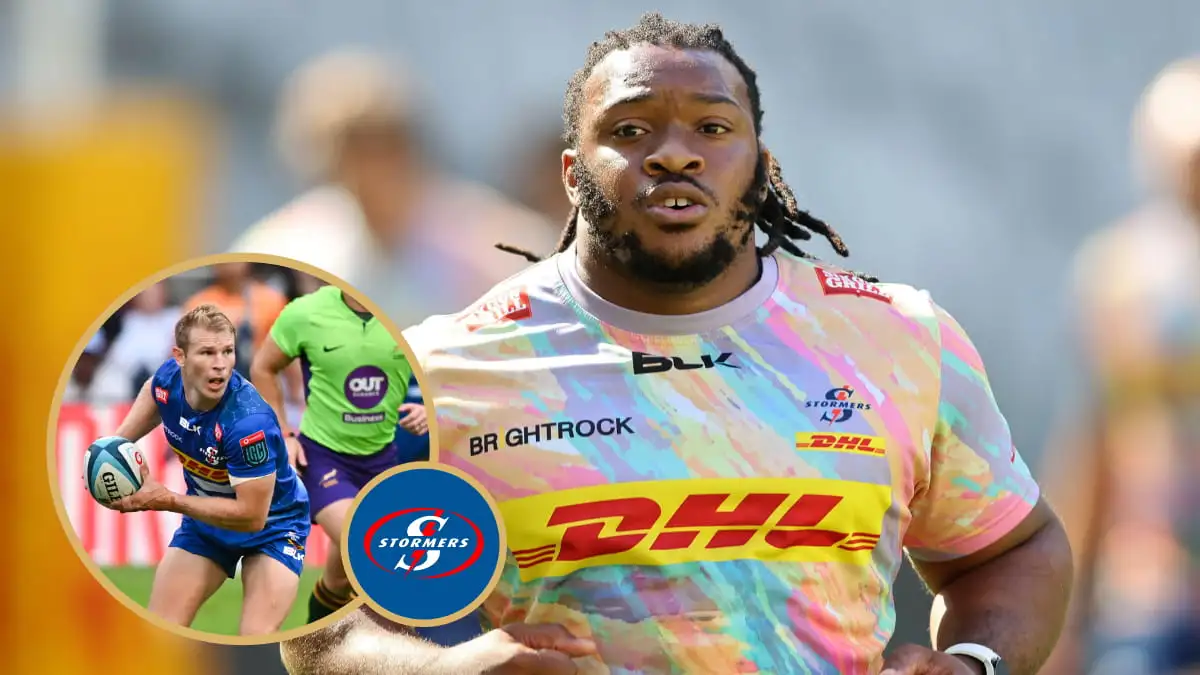 Stormers logo and players Paul de Wet and Joseph Dweba.