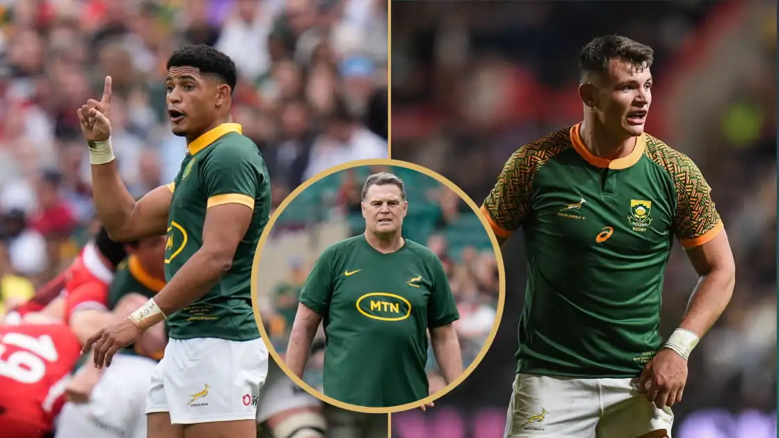 Springboks star Sacha Feinberg-Mngomezulu, head coach Rassie Erasmus and flanker Elrigh Louw