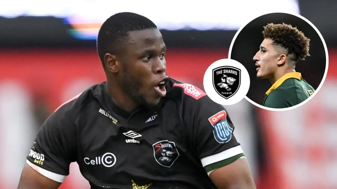 Sharks fullback Aphelele Fassi and an insert of Jordan Hendrikse.