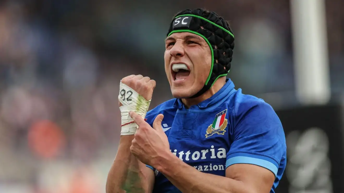 Italian centre Ignacio Brex celebrates scoring a try against France in the 2025 Six Nations