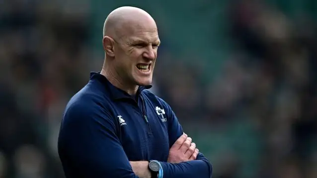 Ireland assistant coach Paul O'Connell watching Ireland warm-up in the 2025 Six Nations
