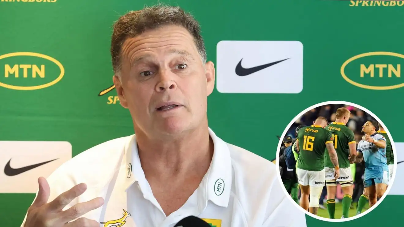 Springboks head coach Rassie Erasmus and members of the Bomb Squad (inset).