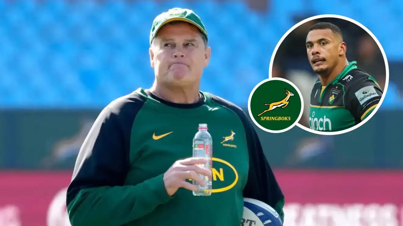Springboks head coach Rassie Erasmus and an inset of Northampton Saints star Juarno Augustus.