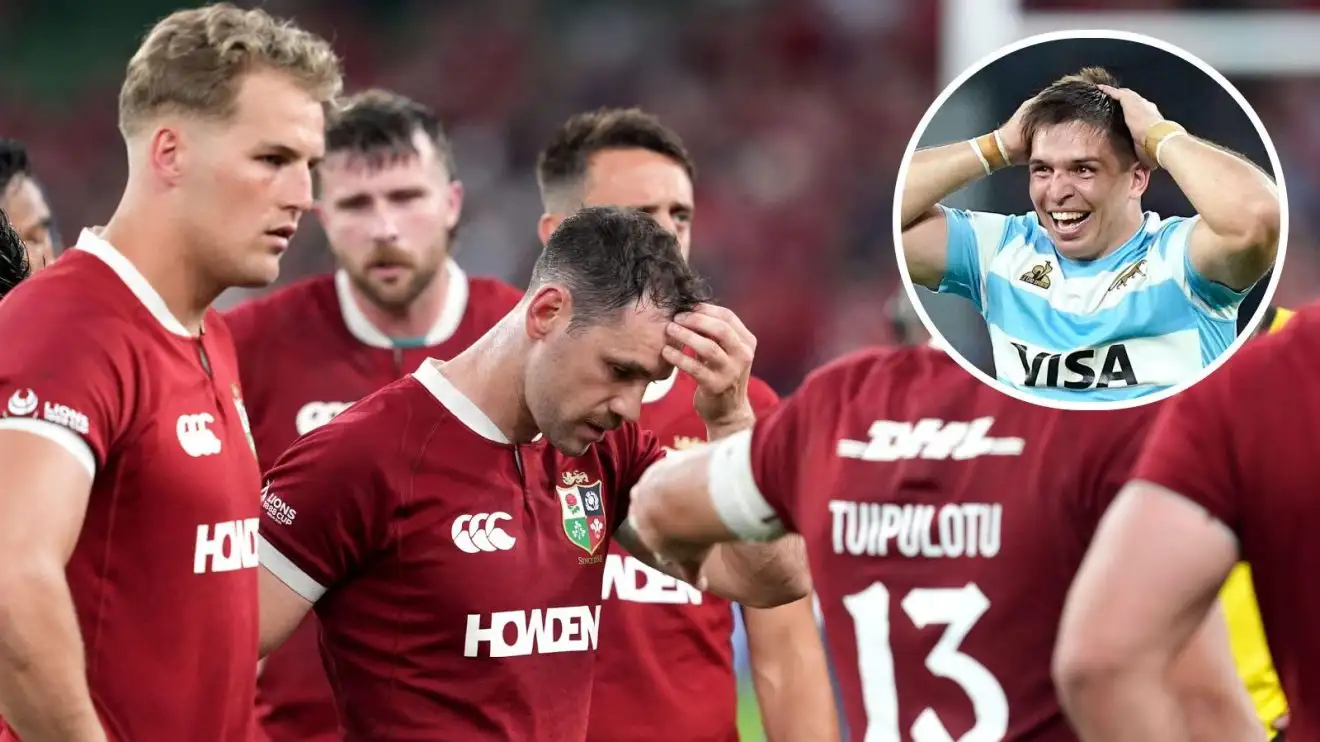 A two layer image of the British and Irish Lions and Los Pumas following their entertaining game in Dublin