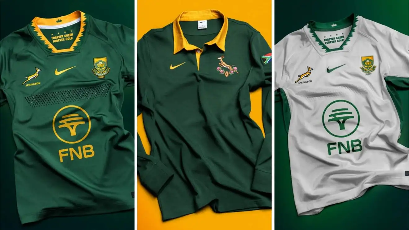 new springboks home and away kits with the 1995 heritage jersey in the centre