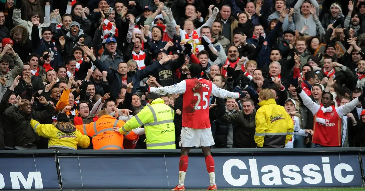 Emmaneul Adebayor celebrates his goal against Manchester City for Arsenal. Emirates Stadium, April 2009.