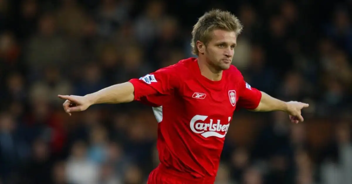 Igor Biscan celebrates scoring for Liverpool in the Champions League. Anfield, Liverpool. February 2005.