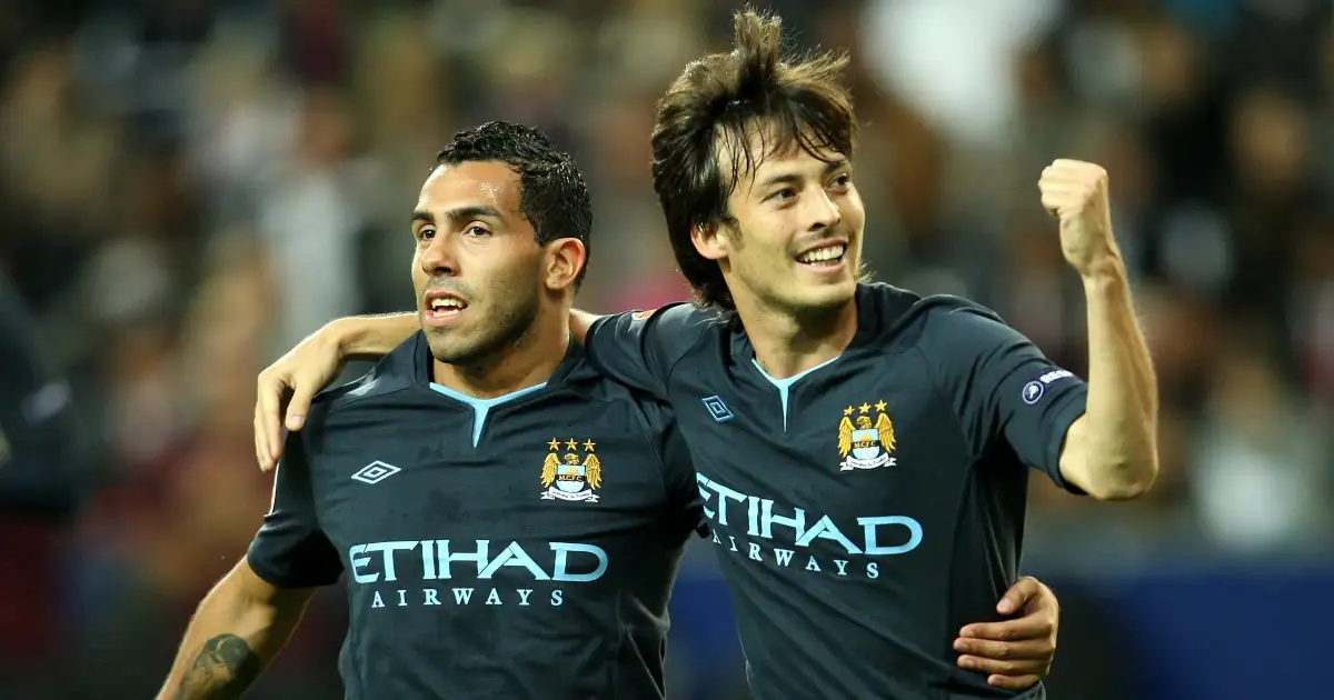 Manchester City's David Silva (right) celebrates scoring the opening goal of their Europa League game with team-mate Carlos Tevez. Bullen-Arena, September 2010.