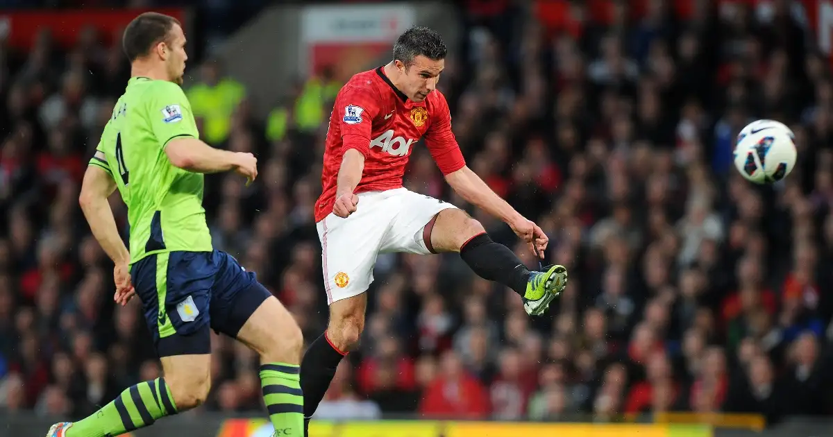 Man Utd striker Robin van Persie volleys the ball against Aston Villa, 22 April 2013