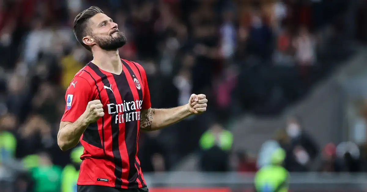 AC Milan's Olivier Giroud celebrates scoring against Genoa at San Siro, Milan, April 2022.