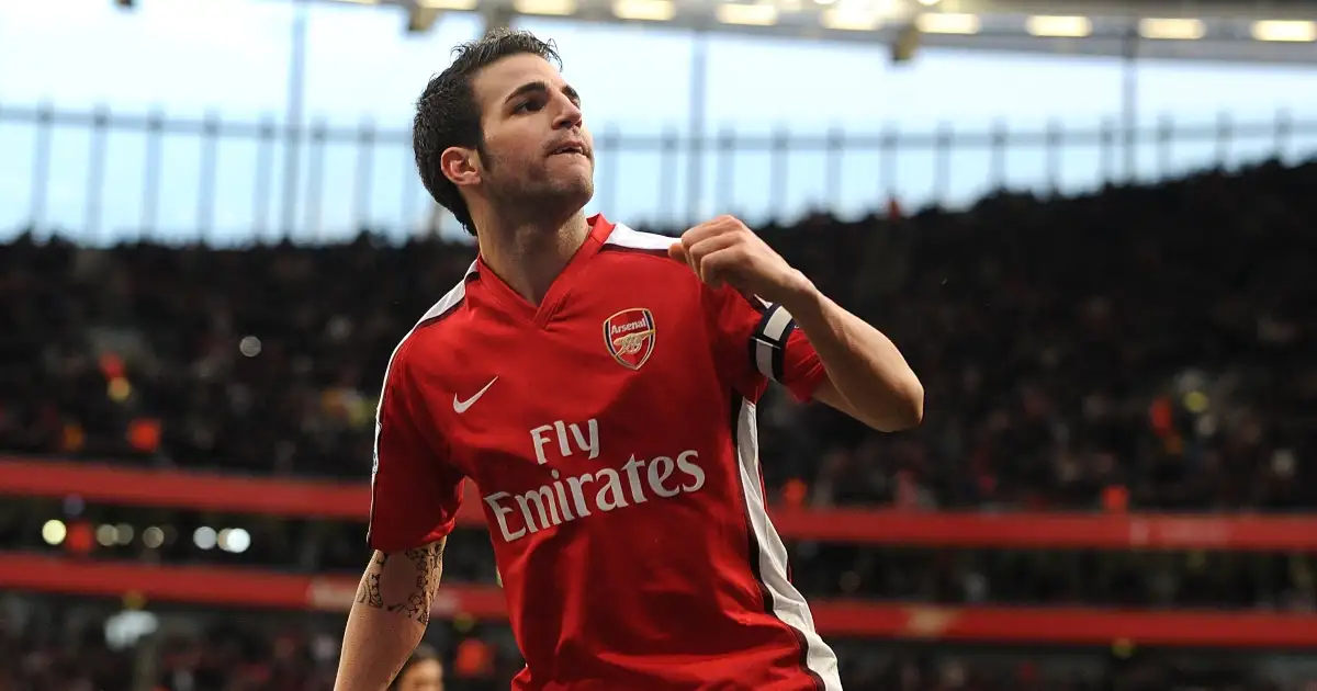 Cesc Fabregas celebrates after scoring for Arsenal.