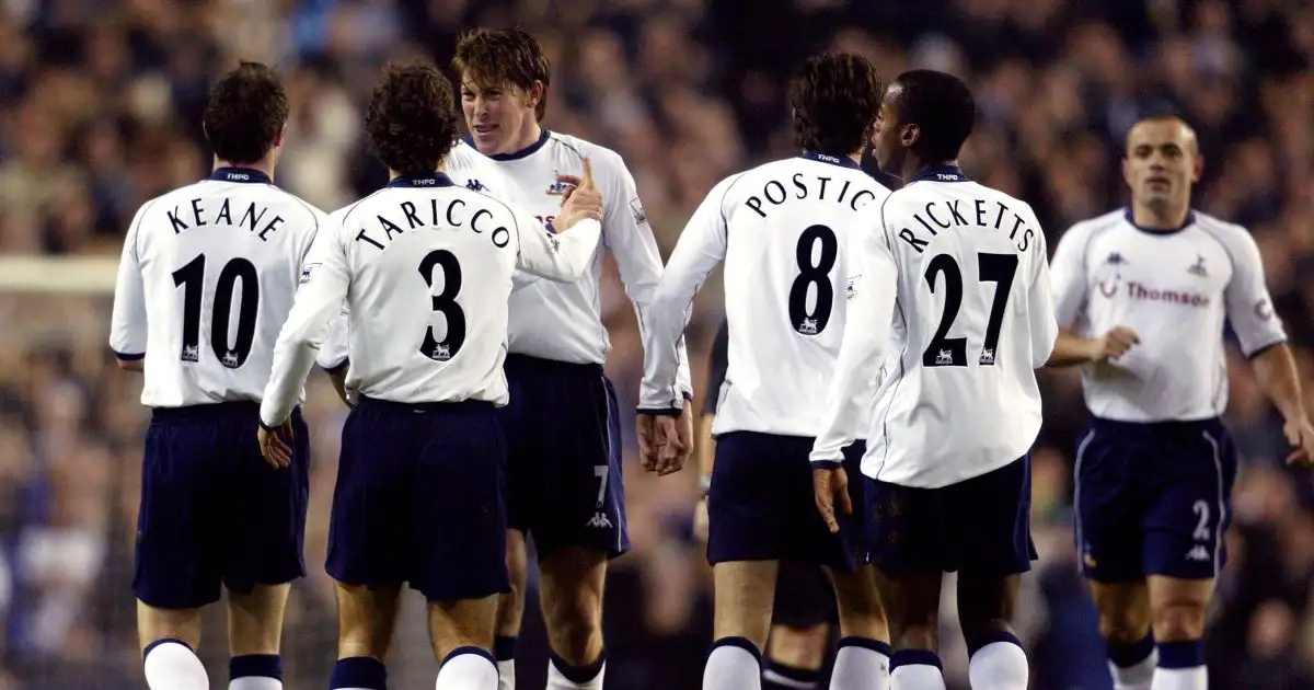 Tottenham Hotspur's Robbie Keane, Mauricio Taricco, Darren Anderton, Helder Postiga, Rohan Ricketts and Stephen Carr during the FA Cup 4th round match against Manchester City. White Hart Lane, London, England. 3 December 2003.