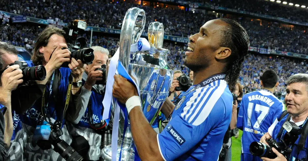 Chelsea's Didier Drogba parades thewith the Champions League trophy after beating Bayern Munich in the 2012 final.