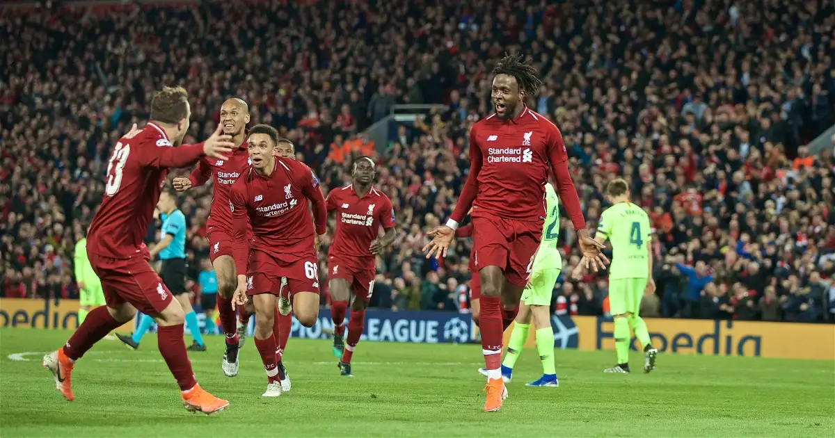 Liverpool's Divok Origi celebrates scoring against Barcelona at Anfield, Liverpool, May 2019.