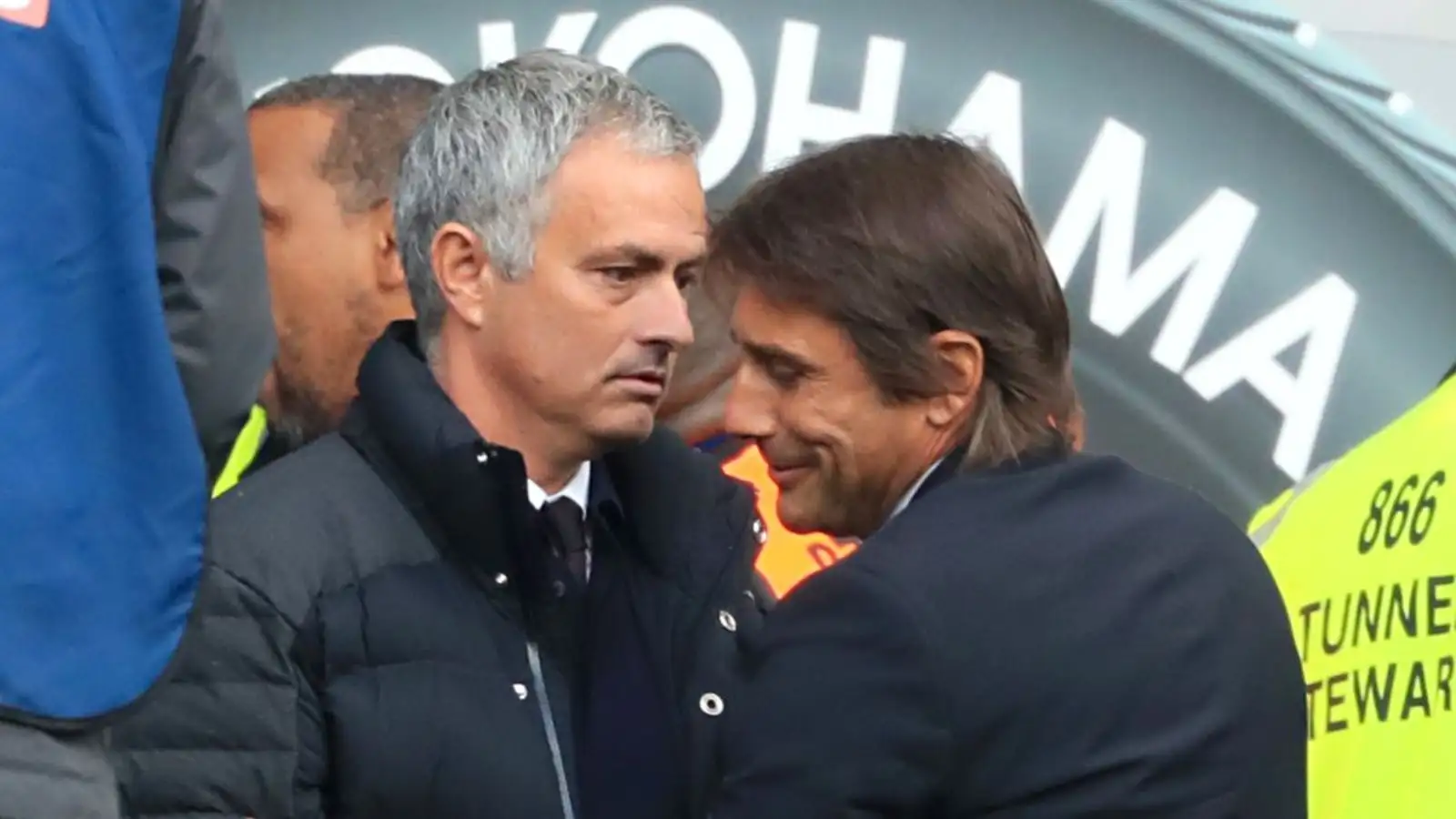 Manchester United manager Jose Mourinho (left) and Chelsea manager Antonio Conte shake hands prior to the Premier League match at Stamford Bridge, London. 23 October 2016.