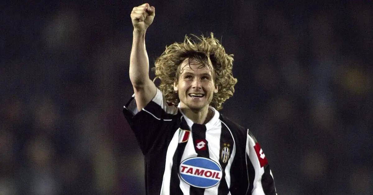 Juventus' Pavel Nedved celebrates their victory over Barcelona in the Champions League quarter-final second leg, Camp Nou, Barcelona, 22 April 2003