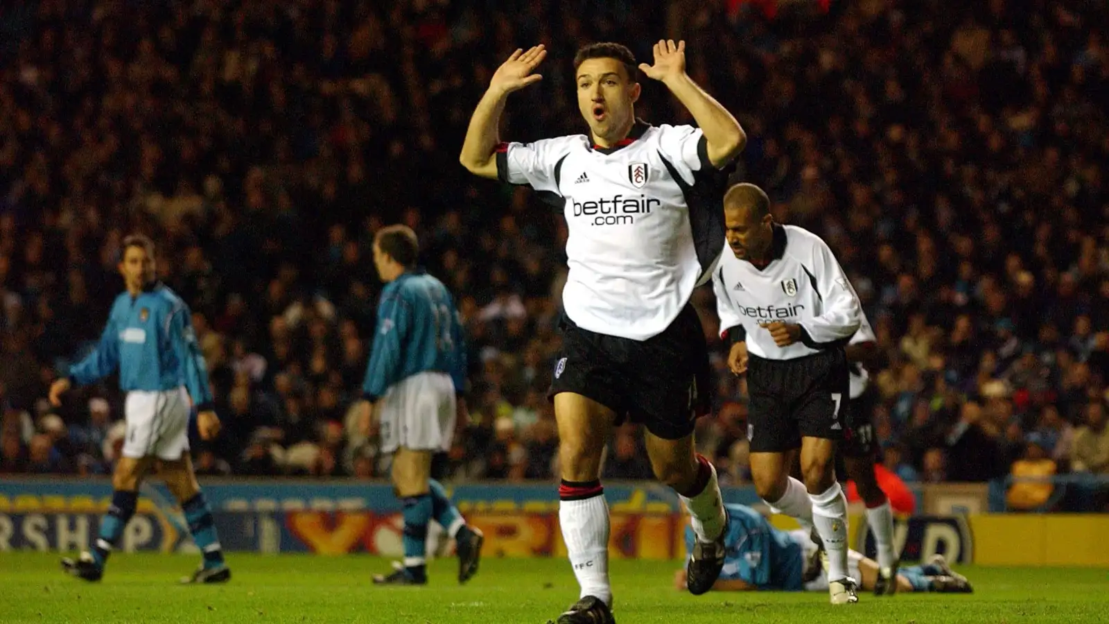 Fulham's Steed Malbranque celebrates scoring the opening goal against Manchester City in the Premier League. Maine Road, January 2003.