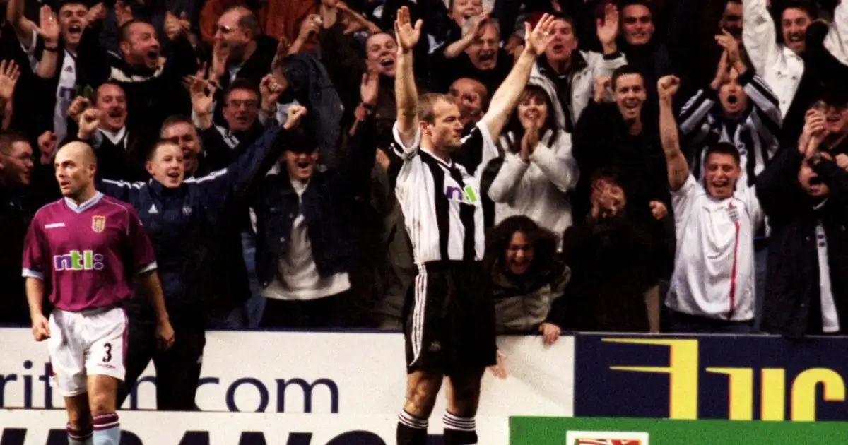 Alan Shearer celebrates scoring for Newcastle United against Aston Villa in the Premier League. St James' Park, Newcastle, 1 November 2001.