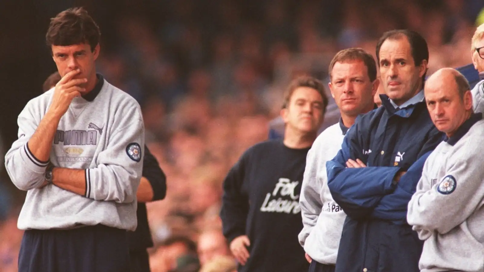 Leeds management duo, David O'Leary and George Graham watch their side lose at Filbert Street