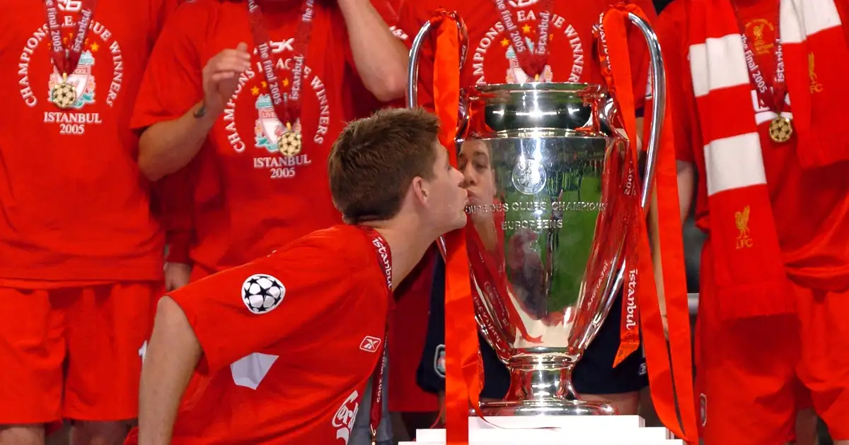 Liverpool's Steven Gerrard kisses the Champions League trophy after beating AC Milan in the final. Ataturk Olympic Stadium, Istanbul, Turkey, May, 2005.