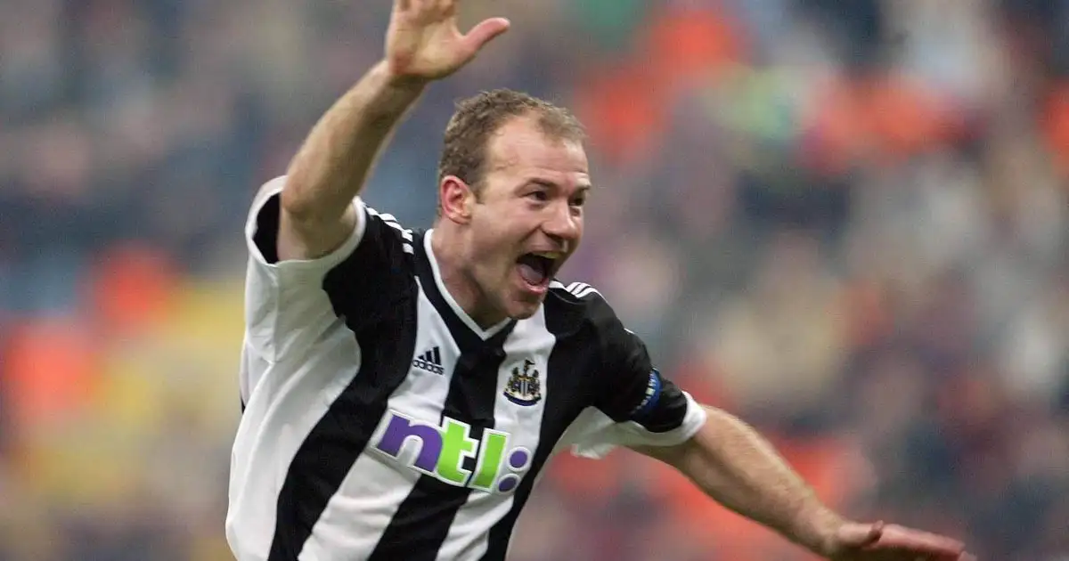 Alan Shearer celebrates scoring for Newcastle against Inter Milan at San Siro. March 2003.