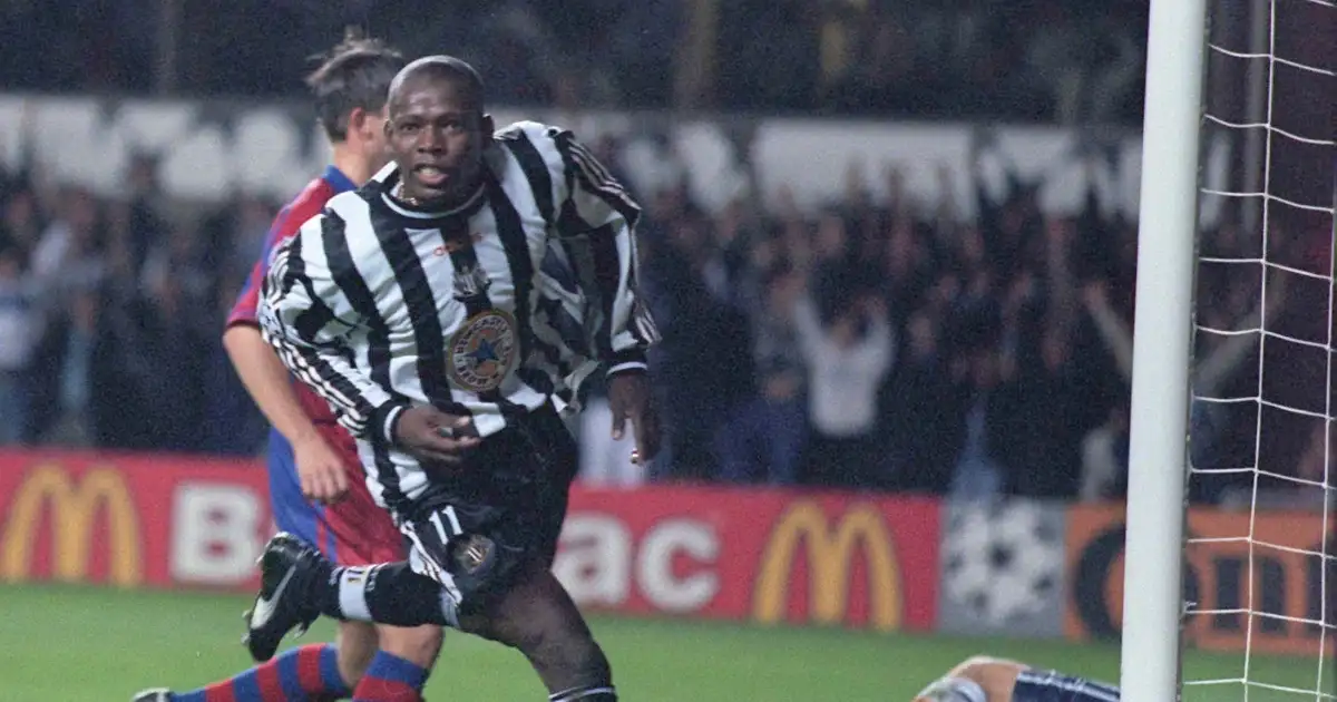 Newcastle United's Faustino Asprilla celebrates after scoring against Barcelona.